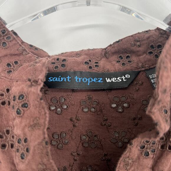Saint‎ Tropez West Top Womens M Brown Eyelet Floral Henley Beachy Boho Hippie - Picture 4 of 6